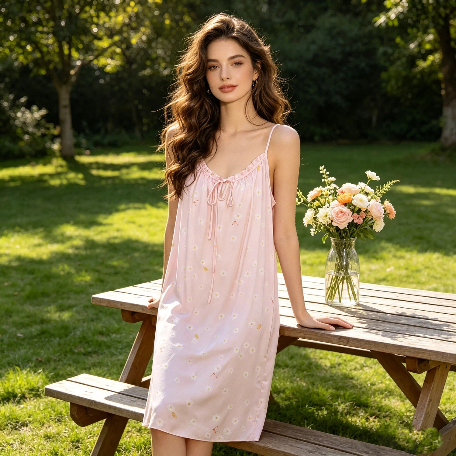 100% Mulberry Silk Slip Nightgown Women Ruffle Neck Tie Front Loose Midi Dress Sleeveless Elegant Summer Loungewear Night Dress