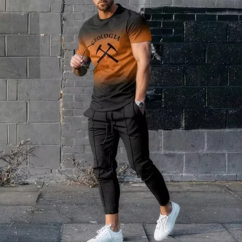 Imagen 2 del producto Camiseta de moda de verano para hombre, traje deportivo con estampado 3D, camiseta de manga corta, pantalones largos, ropa de calle, conjunto de 2 piezas