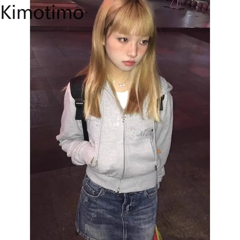 

Kimotimo Grey Letter Print Hoodies Women American Retro Slim Fit Zipper Short Coats Autumn Harajuku Y2k Grunge Casual Sweatshirt