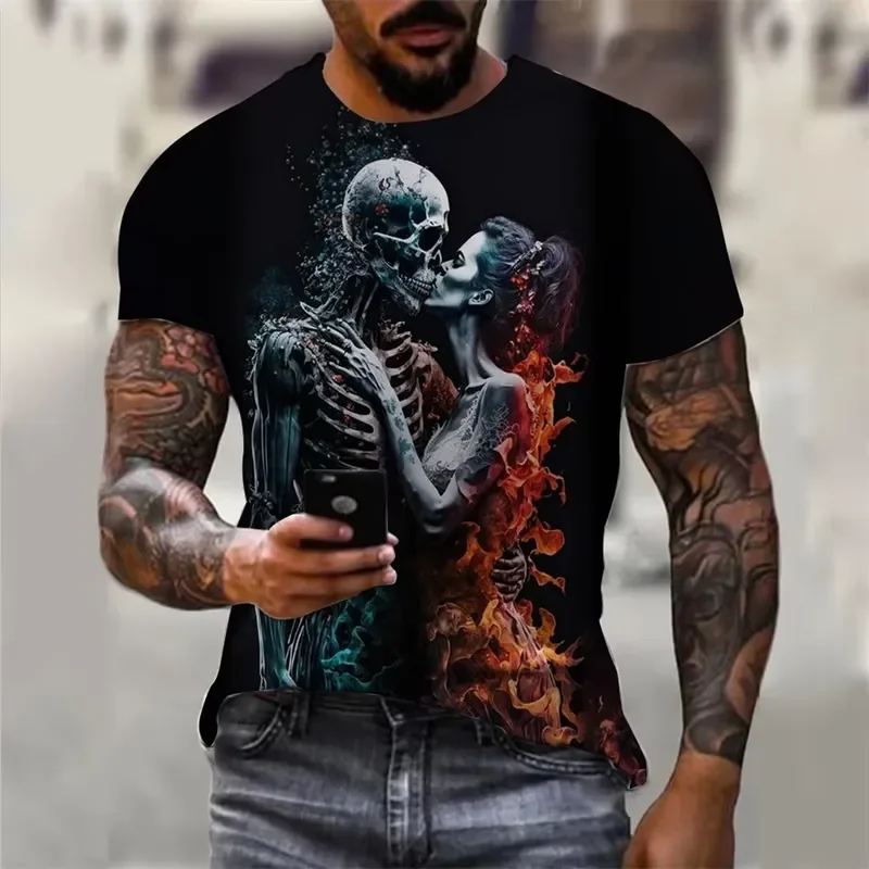 

2026 Fashionable Men's Summer Skull Print Soft Breathable Round Neck T-Shirt for Outdoor and Street Style Wear