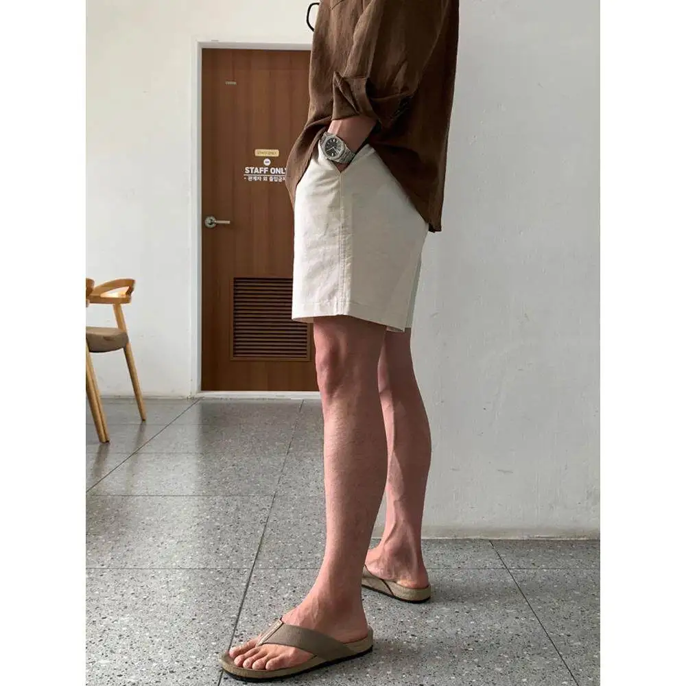 

Men's Linen Cotton Short Pants Summer Casual Loose Fashion Beach Five-Point Pure Color Citywalk Retro Style Male Fashion