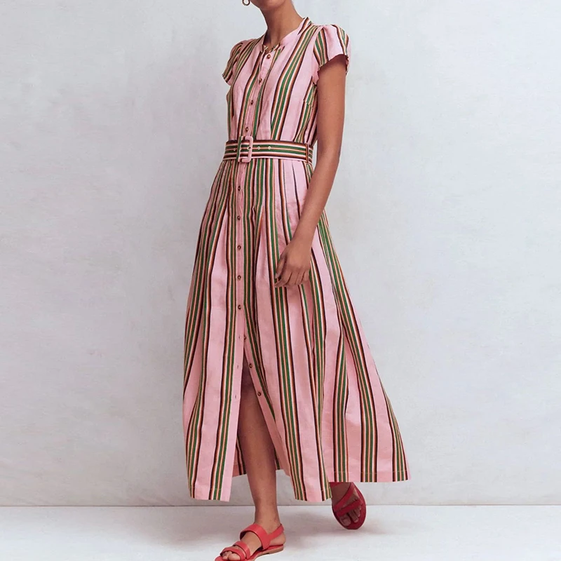 

Summer Short Sleeve High Waist Pleated Dress Elegant Lady Simple Commute Maxi Dress Fashion Stripe Printed Women's Shirts Dress