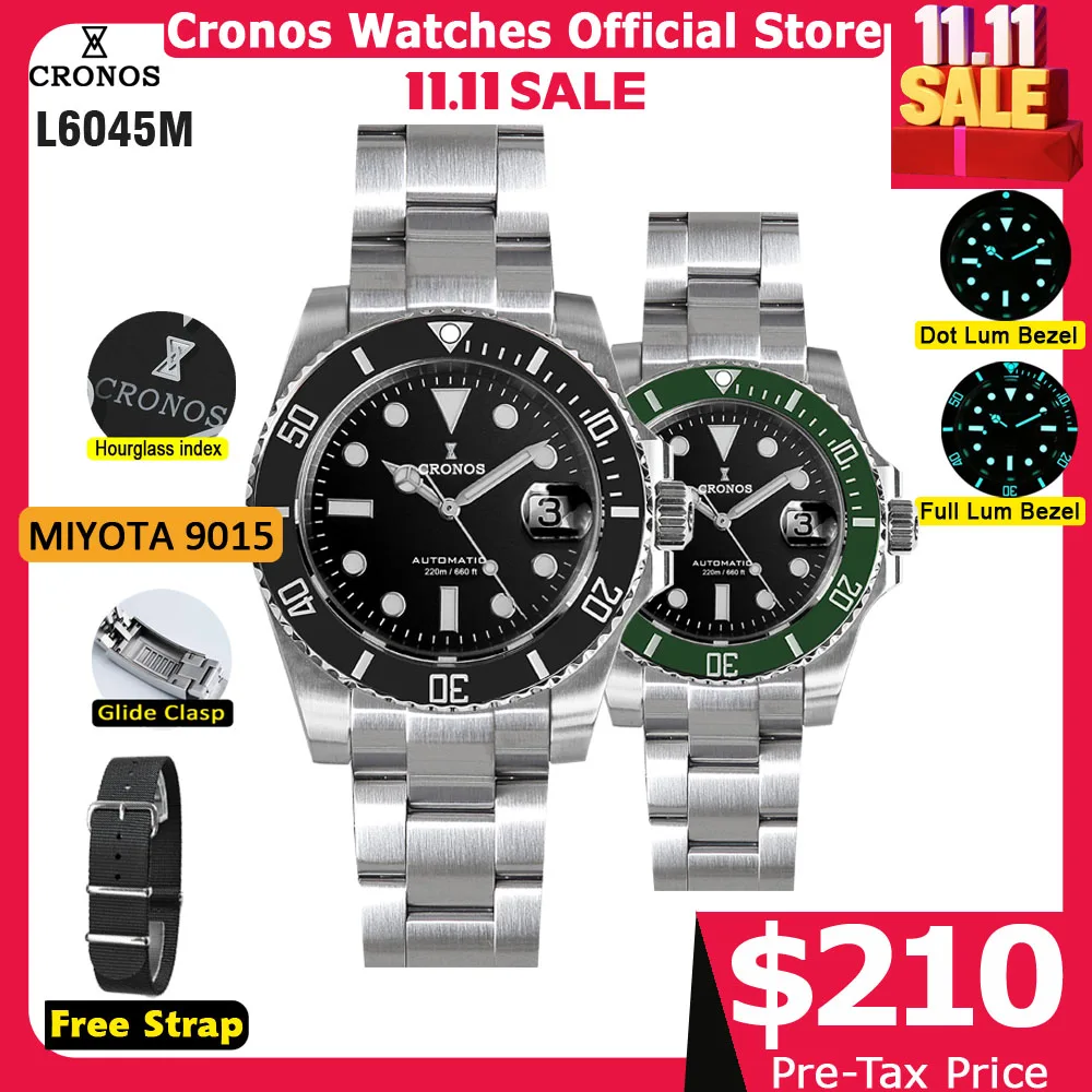Cronos Sub Diver Men Watch Miyota 9015 Enamel Dial Brushed Bracelet Ceramic Bezel 200 meters Water Resistant Glideclasp L6045