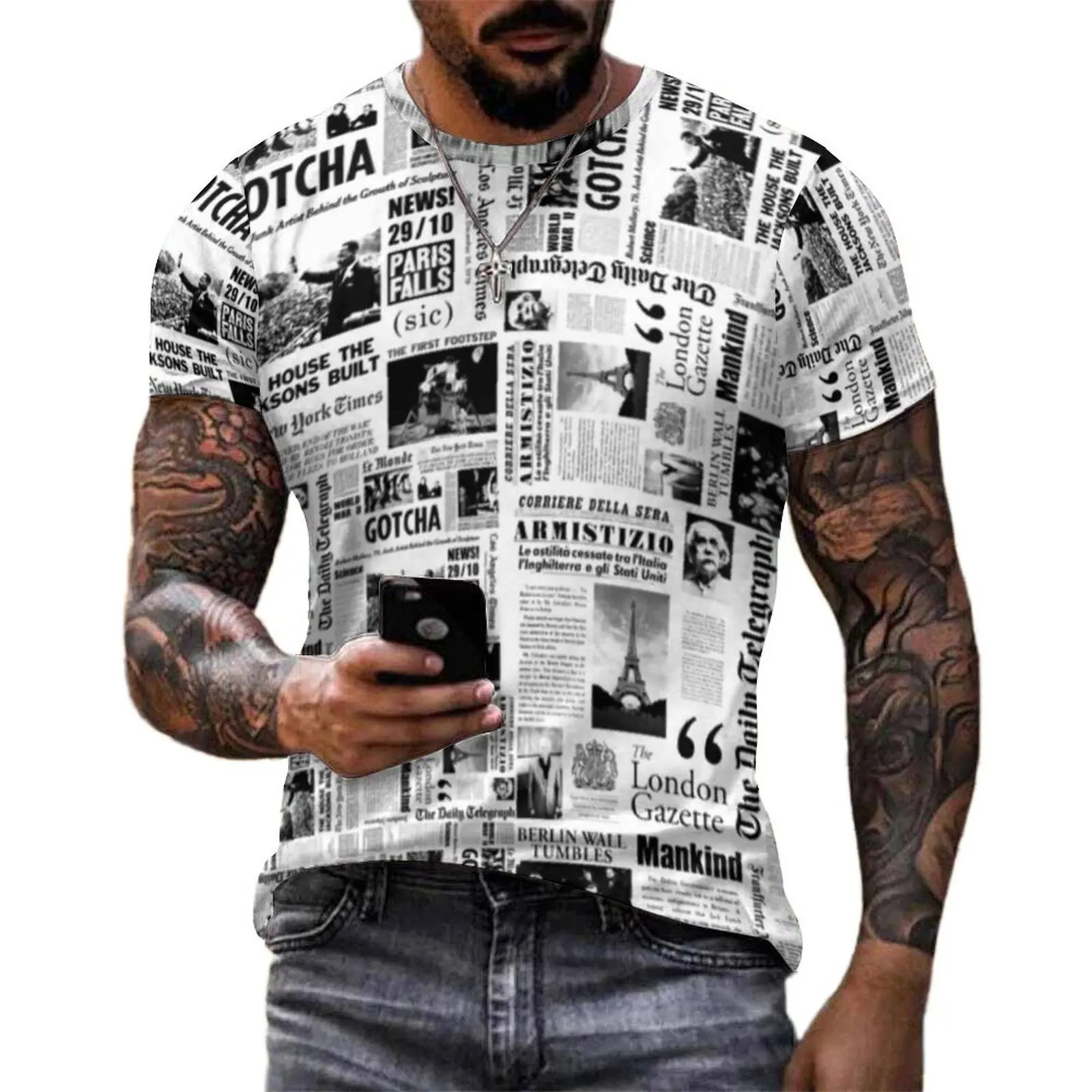 Men Vintage Newspaper T Shirt Black White Fashion T-Shirts Short-Sleeve Design Tshirt Cheap Original Classic Big Size Tees