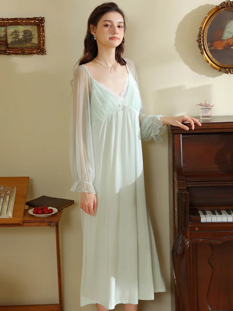 

Women Ladies Fairy Ruffles Silk Princess Nightgown Summer French Sweet Vintage Princess Mesh Long Sleeve Nightwear Sleepwear