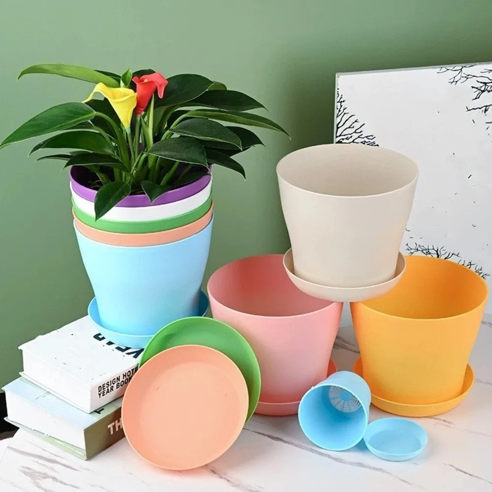 8pcs/set Candy Color Flower Pot Plastic Round Plant Pot with Tray with Drainage Holes Succulent Plant