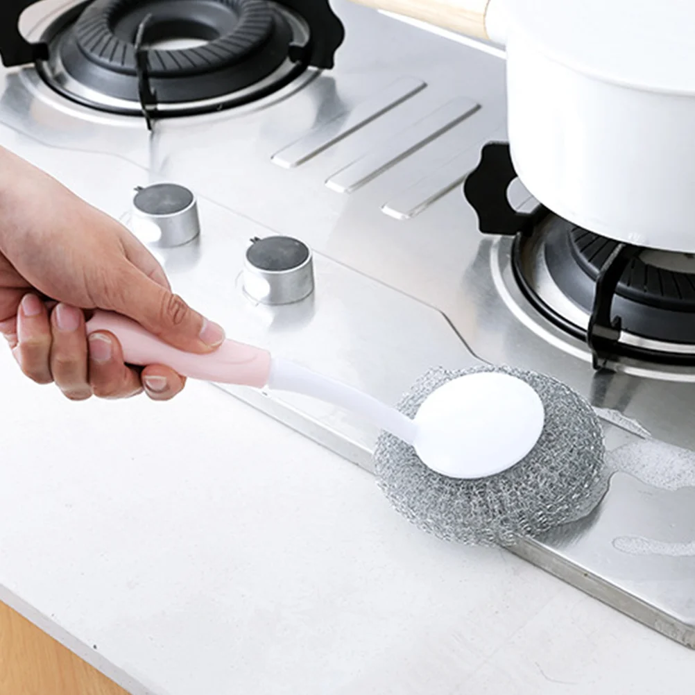

3pcs Stainless Steel Sponges Scrubbers Metal Scouring Pads with Long Handle Utensil Scrubber Scourer Pot Brush Kitchen Hanging