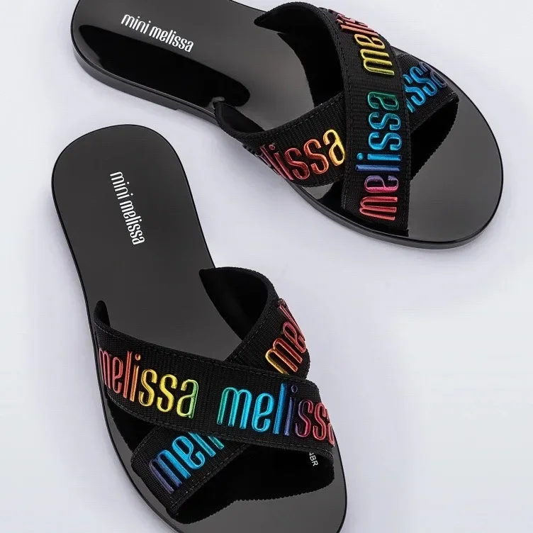 2024 Mini Melissa M-lover Children's Sandals Flip Flops With Cross Strap Jelly Letter Large Size PVC Sole Ladies Slippers