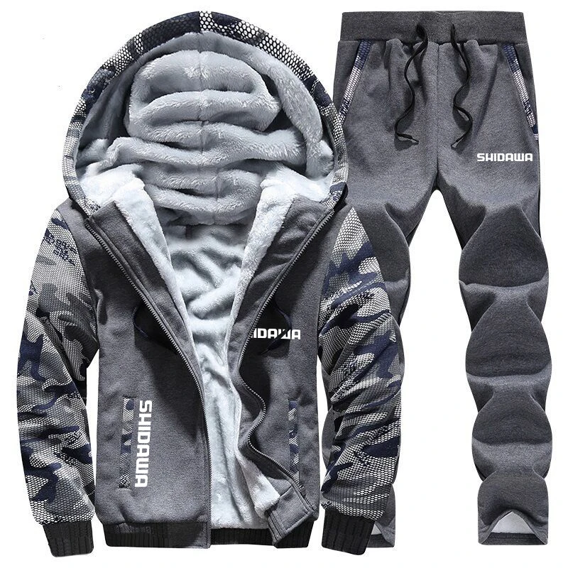 New Men\'s Autumn Winter Fishing Suits Camouflage Outdoor Sports Hiking Fishing Hooded Coat + Pants Velvet Clothes Two Piece Set