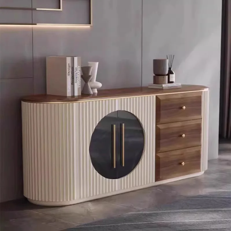 yb-Light Luxury Solid Wood Living Room Entrance Cabinet Adjustable Height 3 Compartments Shutter Doors Modern Oval Cabinet-