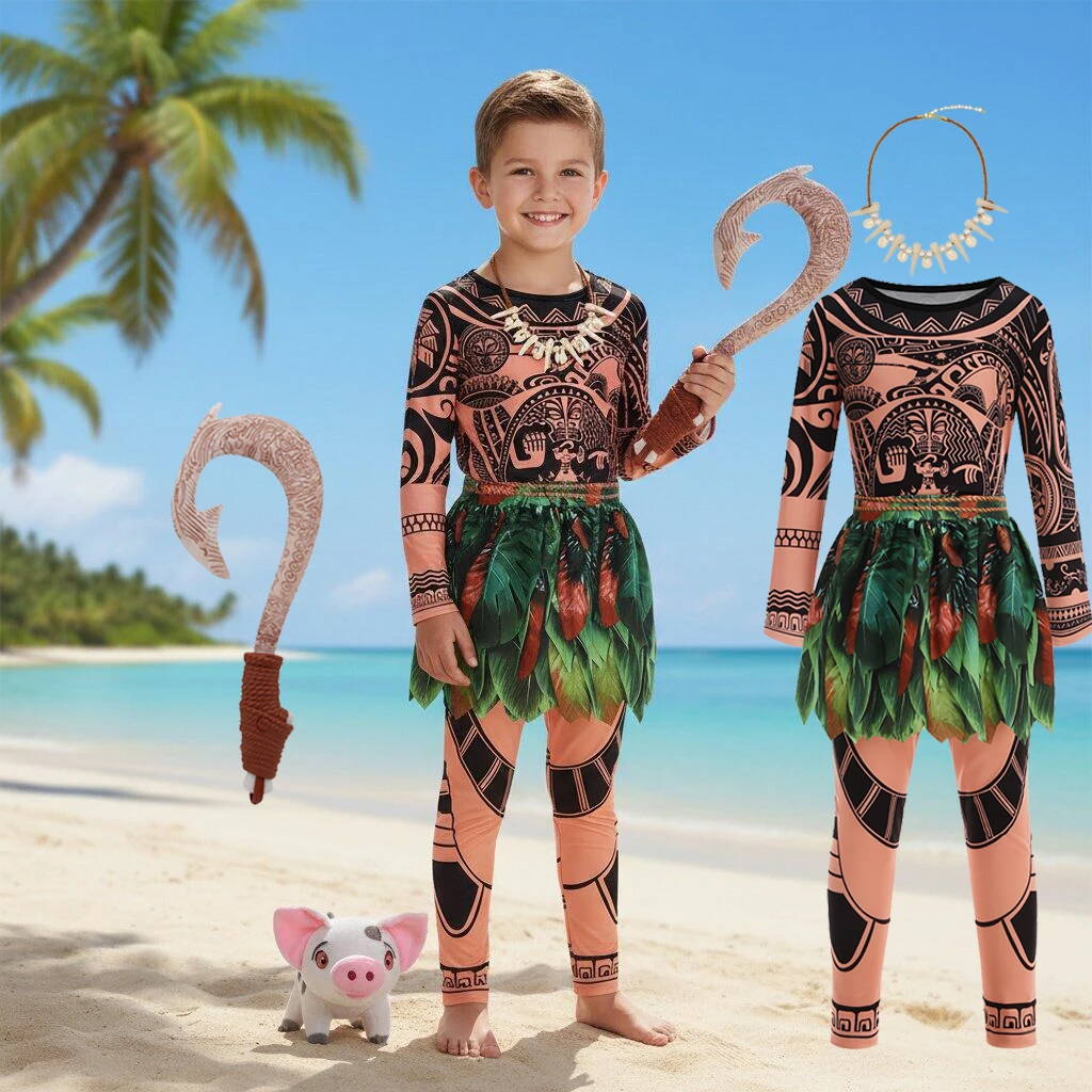 2026 New Movies Boys Girls Vaiana Adventure Maui Clothes Tattoo 2 PCS Top Pants Costume Kids Cosplay Carnival Fish Hook Outfits