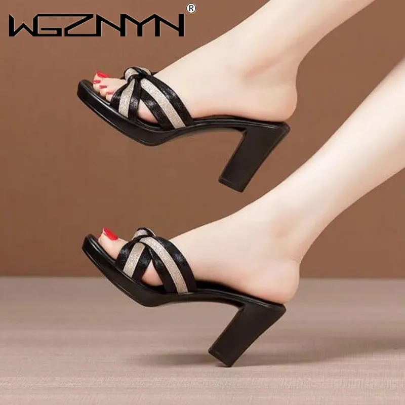 Fashion Elegant Stripe Bow Block High Heels Slides Women Platform Shoes Summer 2024 Thick Sole Slippers for Office Outside Shoes