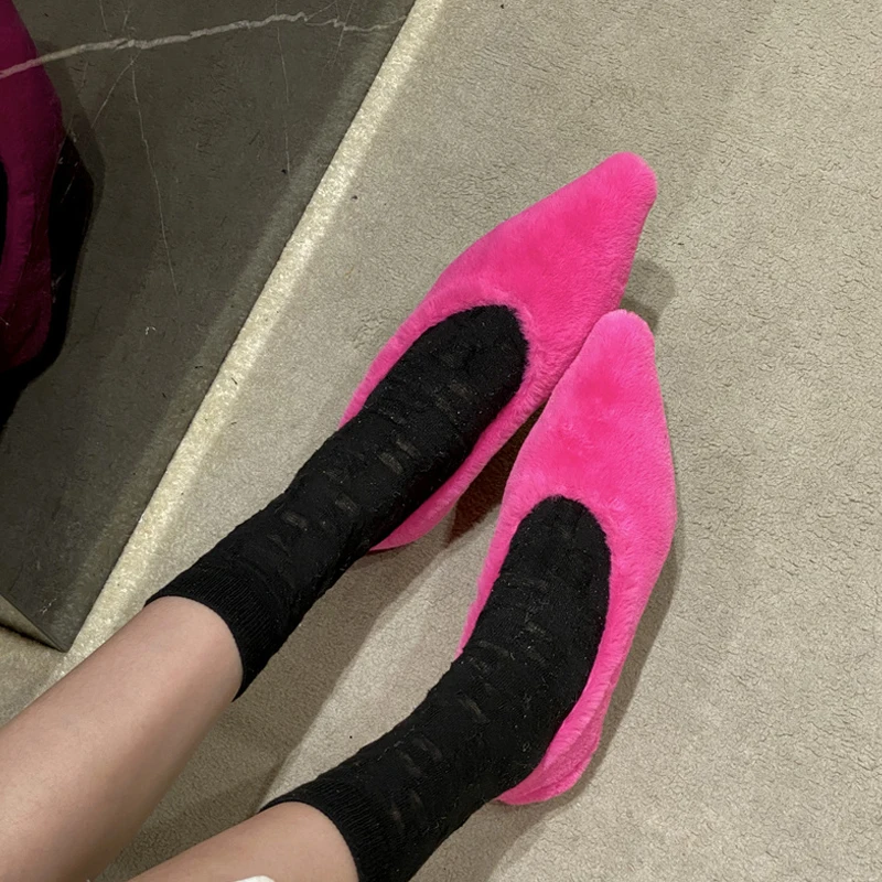 Fashion Pointed Toe Fur Ballet Flat Woman Winter Warm Plush Shallow Loafer Ladies Concise Furry Heeled Dress Shoes Zapatos Mujer