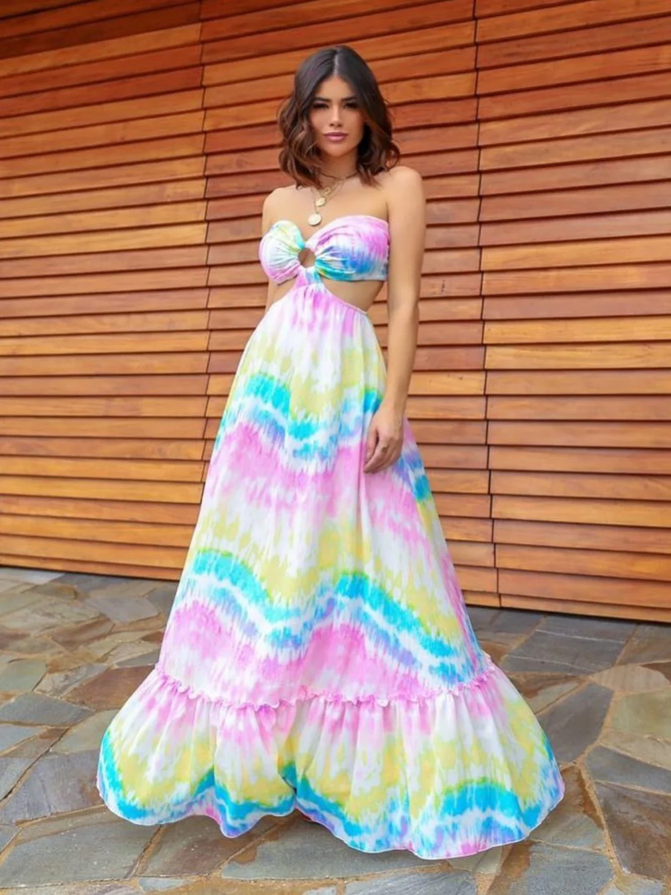 

New Colorful Print Women Dress Halter Tie Up Strapless Naked Waist A-line Maxi Dress Summer Beach Vacation Female Robe