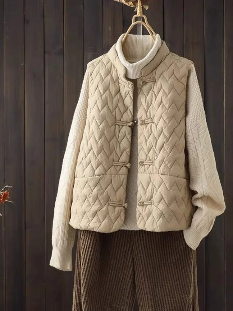 

Китайский хлопковый пуховый жилет на пуговицах, женская зимняя верхняя одежда, легкий теплый облегающий топ с воротником-стойкой и воротником-стойкой