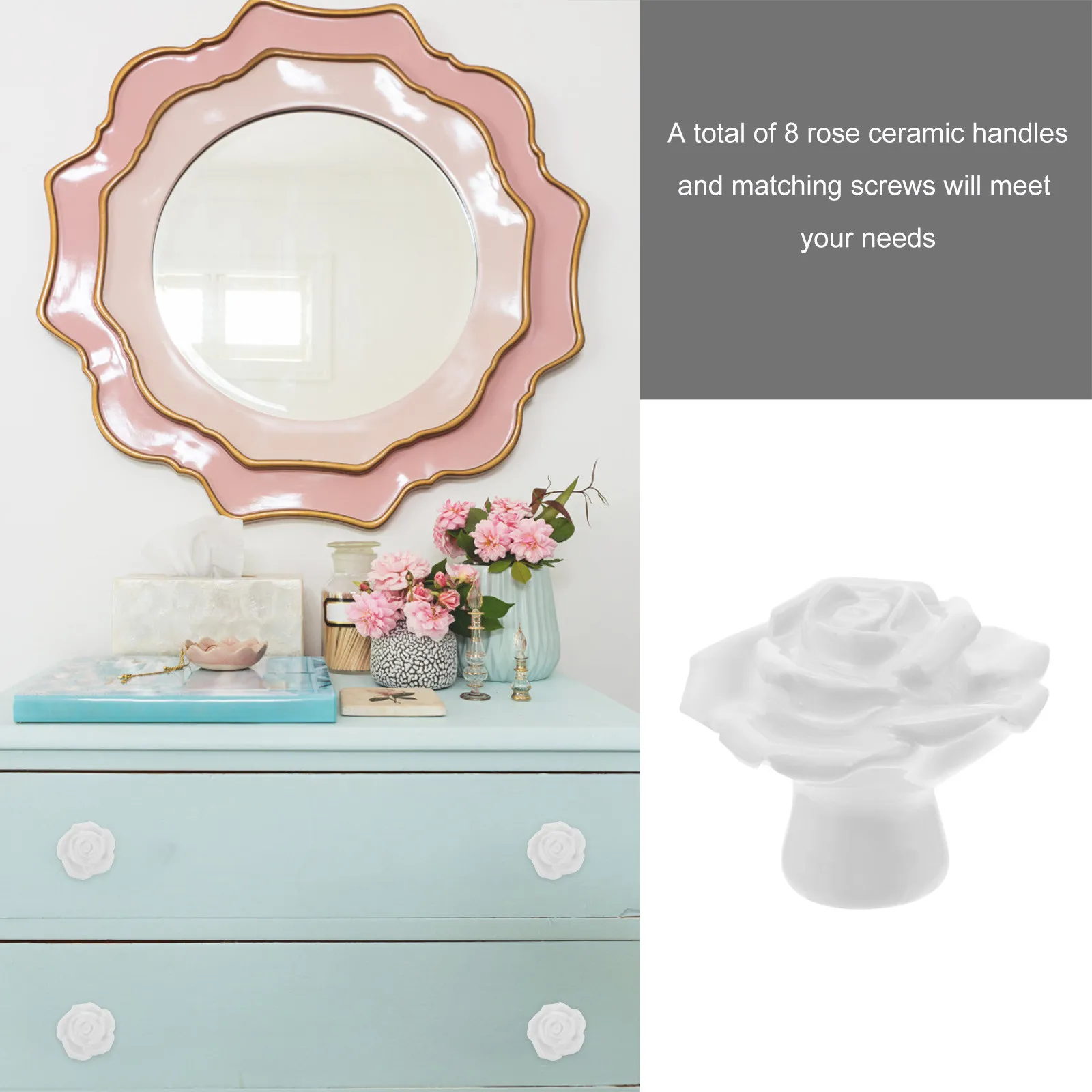 

8Pcs Ceramic Cabinet Handles Retro Floral Rose Door Knobs White Vintage Style for Drawer Cupboard Wardrobe Pulls Home Decoration