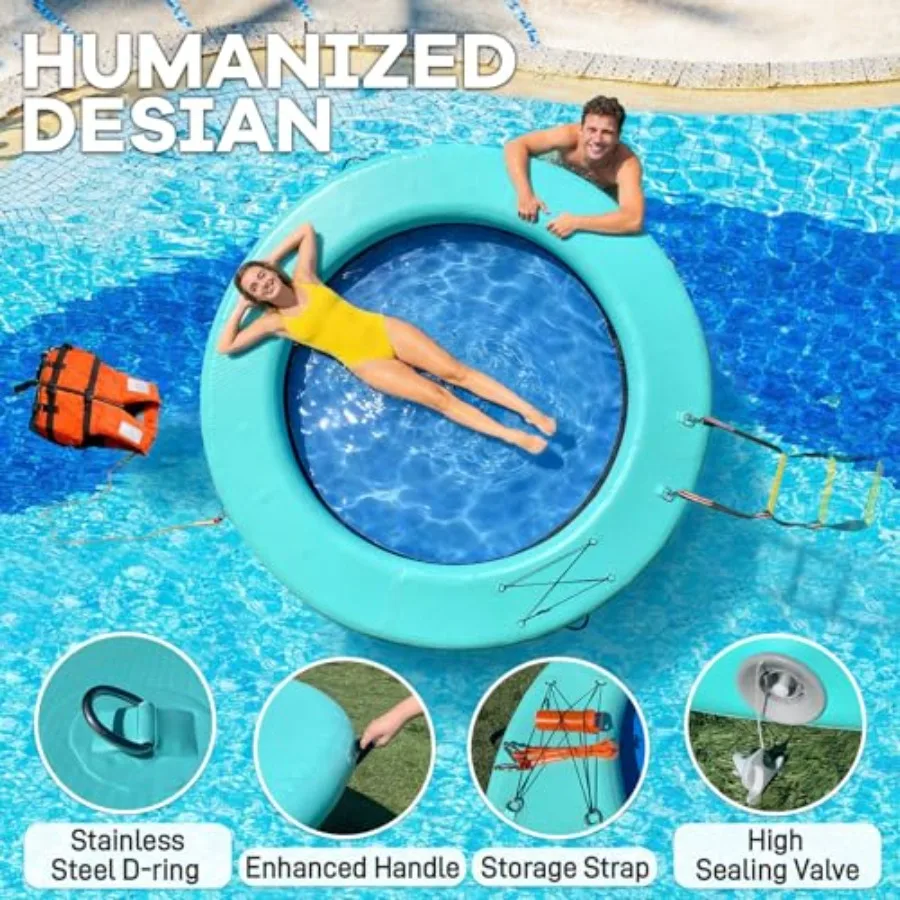 Lake tanning float platform: inflatable water hammock for adults, heavy-duty 10/8ft round floating ring in blue, ultra-stable s