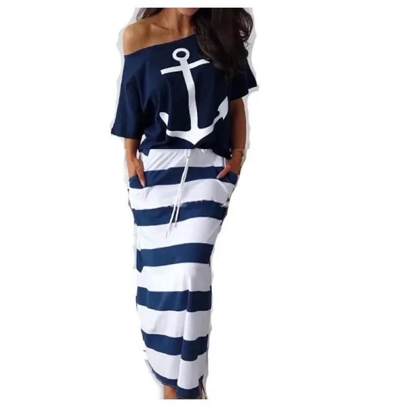 Women\'s Casual Anchor Print Short Sleeve T-shirt and Skirt Set, Navy Style, 2Pcs Set