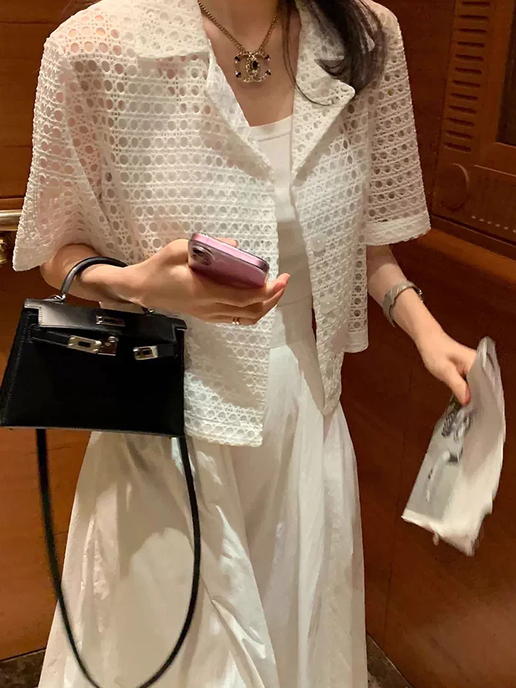 ملابس خارجية أنيقة شفافة مجوفة بأكمام قصيرة للسيدات صيفية بنمط جديد بدلة فضفاضة راقية سترة قصيرة قابلة للتنفس #2