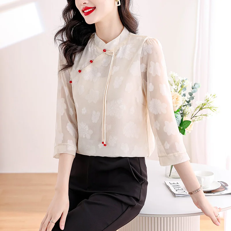 Women Summer Chinese Style Temperament Loose Printing Solid Color O-neck 3/4 Sleeve Shirts Ladies Elegant All-match Trend Tops