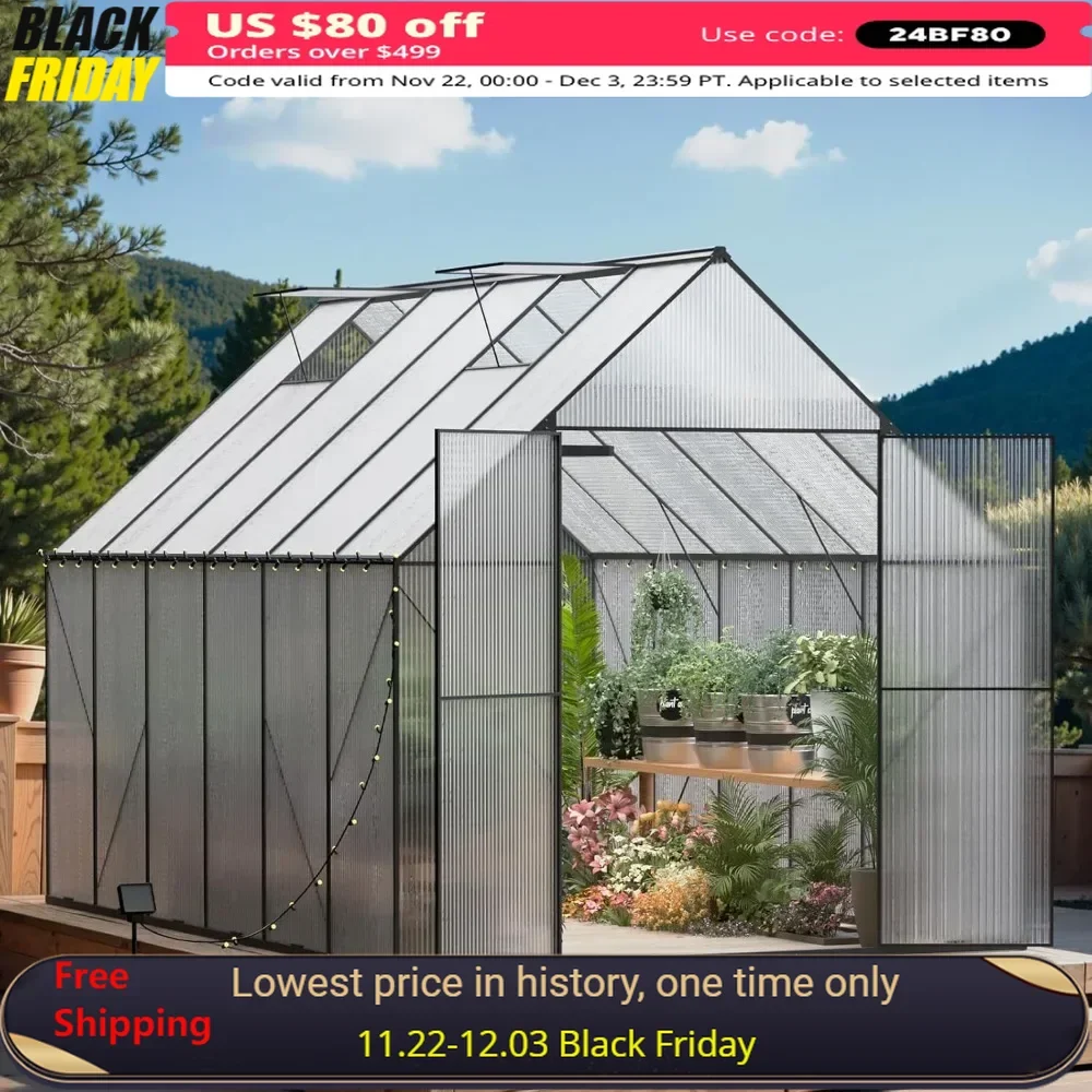 

8x12 FT Greenhouse with Roof Vent, Large Walk-in Aluminum Hot House, Outdoor Heavy Duty Polycarbonate Greenhouse