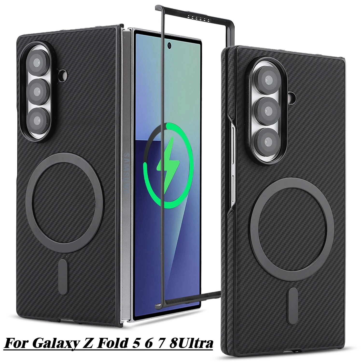 Premium Carbon Fiber Texture PU Leather Phone Case For Samsung Z Fold 5 6 7 8Ultra For MagSafe Wireless Charger Anti-Drop Cover