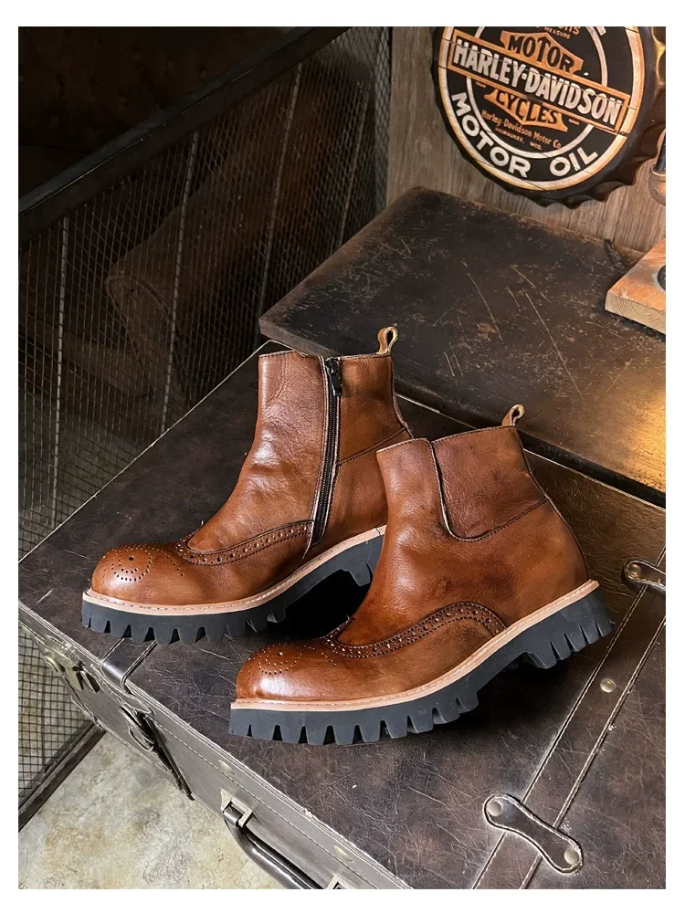 American Retro Men's Genuine Leather Block Carved Flower Side Zipper Thick Sole Height Increasing Chelsea Short Boots
