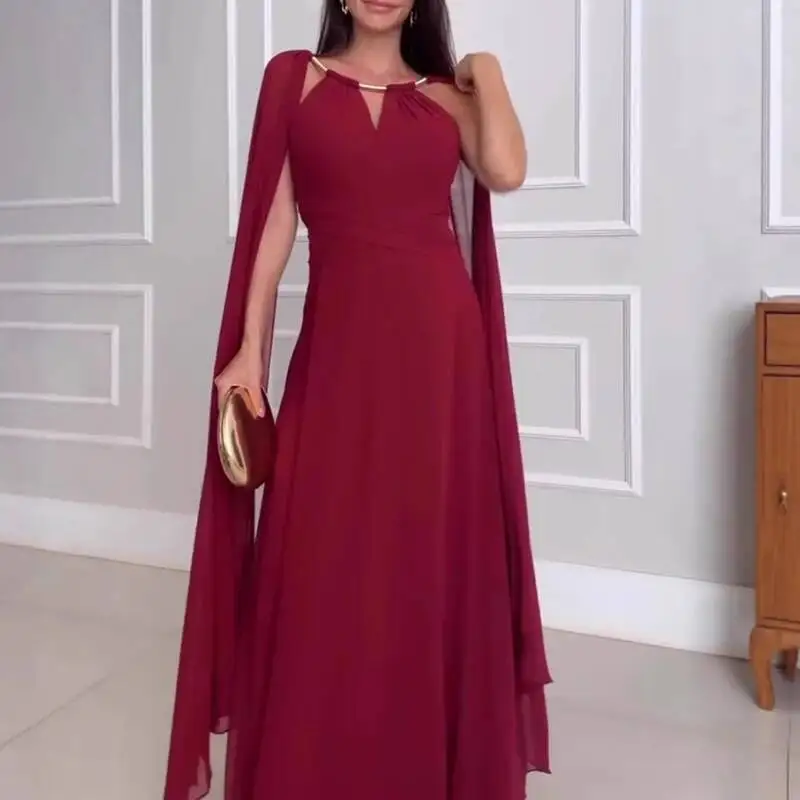 

Элегантное однотонное вечернее платье с разрезом, женское повседневное платье с круглым вырезом и высокой талией, длинное модное драпированное вечернее платье с летящими рукавами