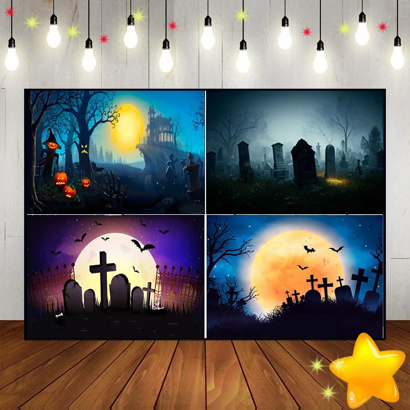 Happy Halloween Backdrop Pumpkin Lantern Orange Night Moon Bat Spider Web Graveyard Fence Photography Background