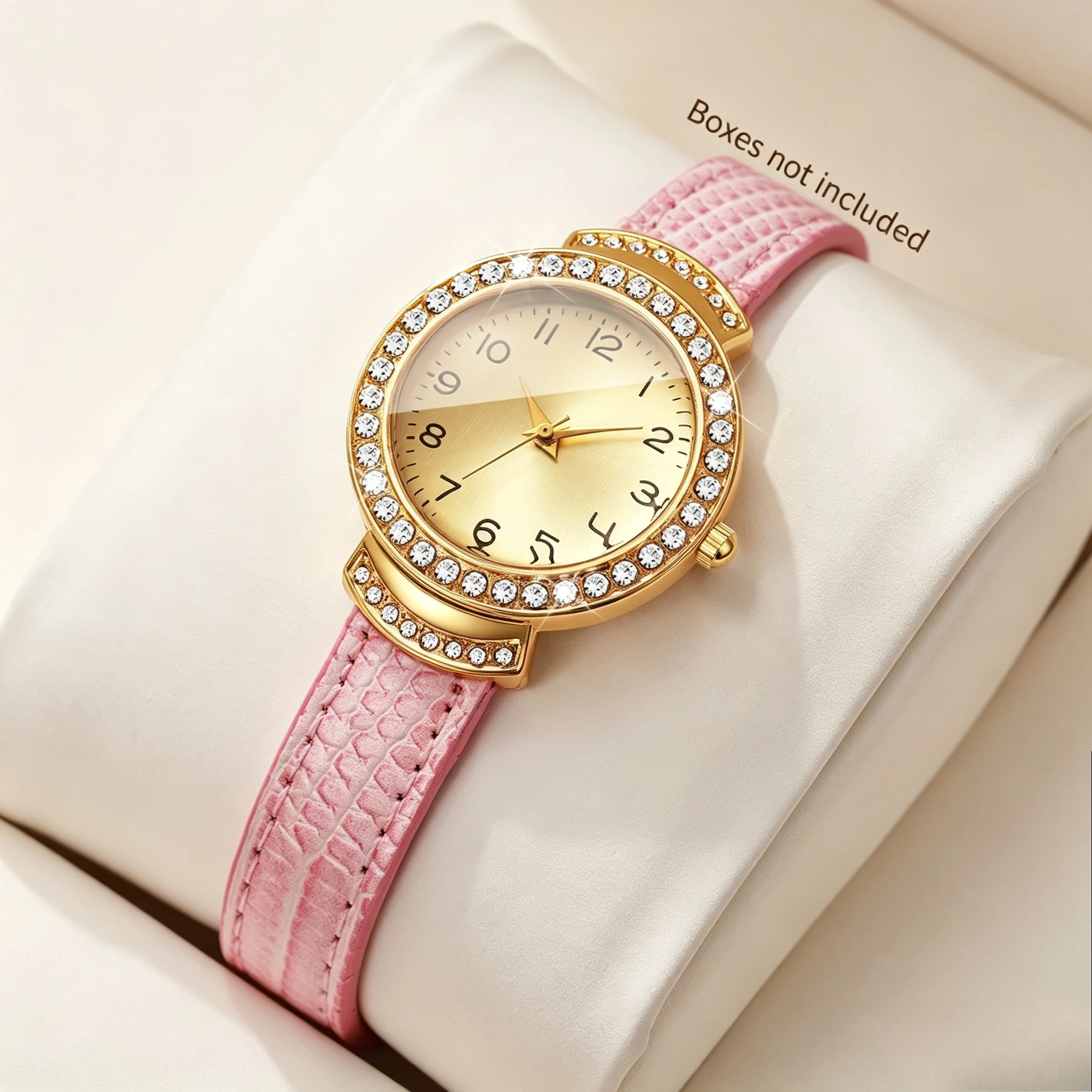 Fashion Rhinestone Arabic Dial Women Quartz Watch Pink Leather Strap Wristwatches Ladies Clock Relogio Feminino（Without Box）
