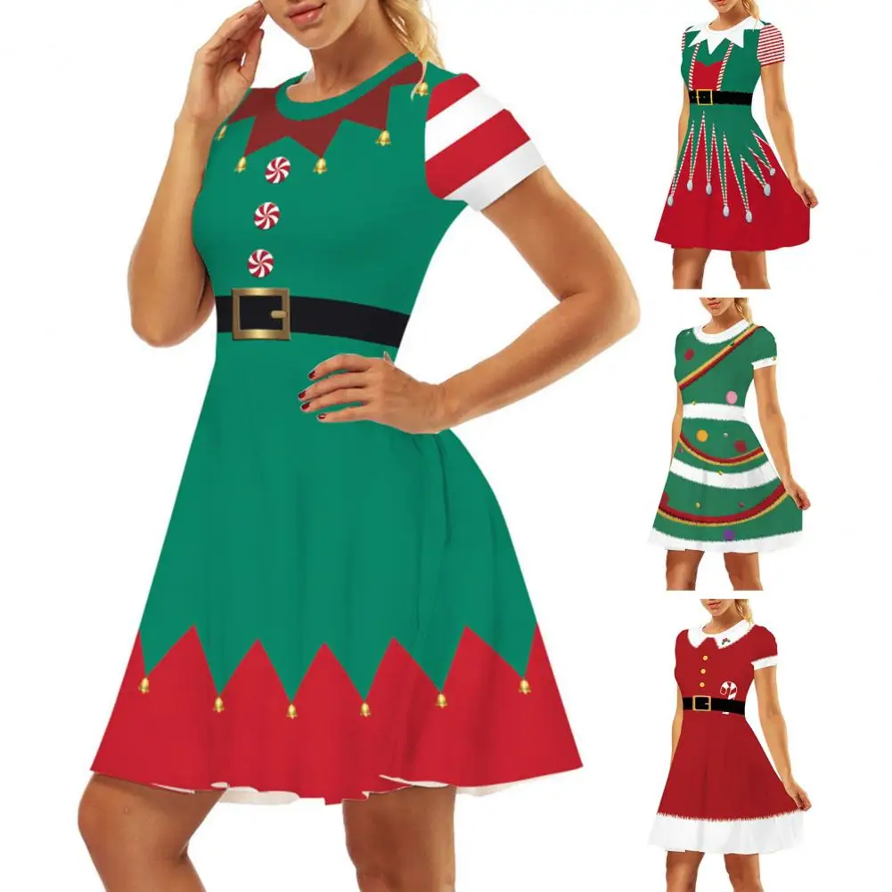 Vestido de Cosplay con estampado temático navideño para mujer, Mini vestido de manga corta con cuello redondo, cintura alta, línea A, cómodo