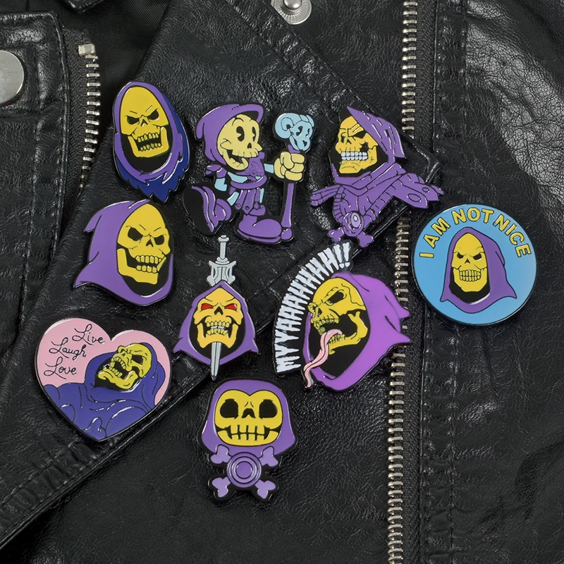 80's Skeletor Purple Hood Enamel Pins Masters Of The Universe Badge Brooch Bag Clothes Lapel Classic Cartoon Jewelry Kids Gifts