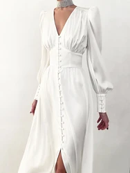 Long Dress Women Evening Long Sleeve Dresses Female Party Vintage V Neck Satin Dress Ladies Prom Elegant Fashion A-Line Vestidos