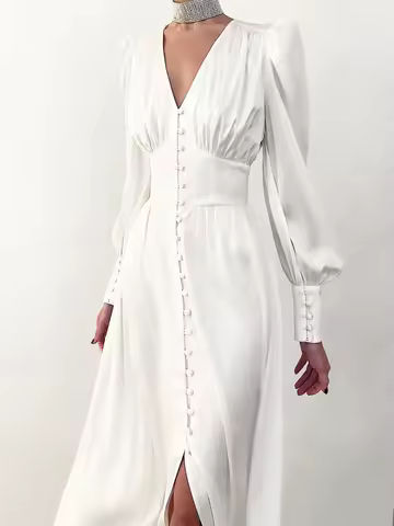 Long Dress Women Evening Long Sleeve Dresses Female Party Vintage V Neck Satin Dress Ladies Prom Elegant Fashion A-Line Vestidos