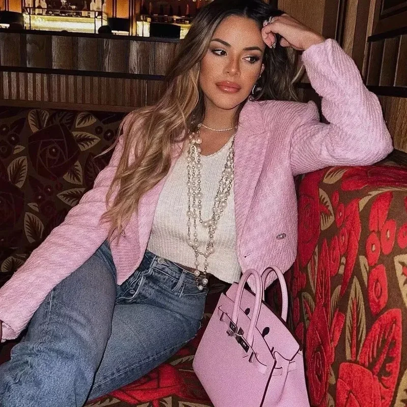 سترة منقوشة بالزغب TRAF-Tweed للنساء ، سترة مزخرفة وردية ، مزدوجة الصدر ، أكمام طويلة ، معطف أنيق وأنيق ، ملابس مكتبية ،