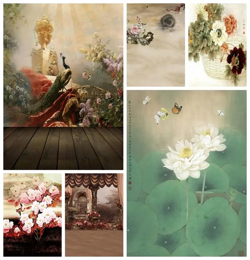 

Laeacco Chinese Ancient Painting Background White Lotus Flower Butterfly Interior Decor Wedding Portrait Photography Backdrop