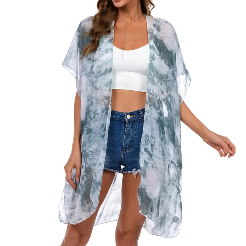 Costume da bagno a maniche corte a pipistrello cardigan in chiffon sottile con stampa tie-dye bikini copricostume per abbigliamento da spiaggia primavera estate abbigliamento donna