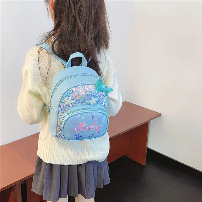 Mochila personalizada bordada criança, jardim de infância mochilas, pré-escolar Bookbag, bonito sereia lantejoula criança