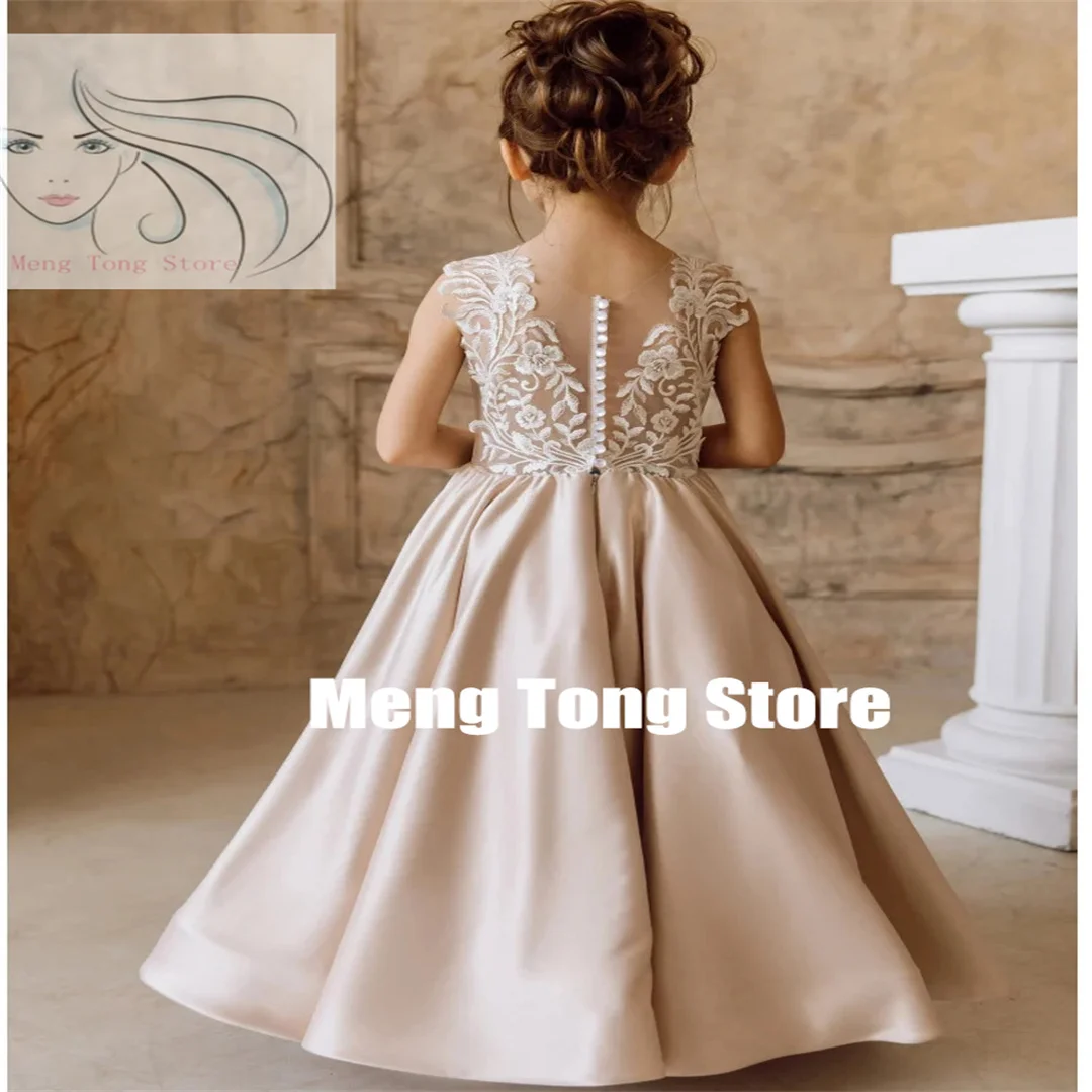 Flower Girl Dresses Dusty Pink Satin White Appliques Sleeveless For Wedding Birthday Party First Communion Gowns