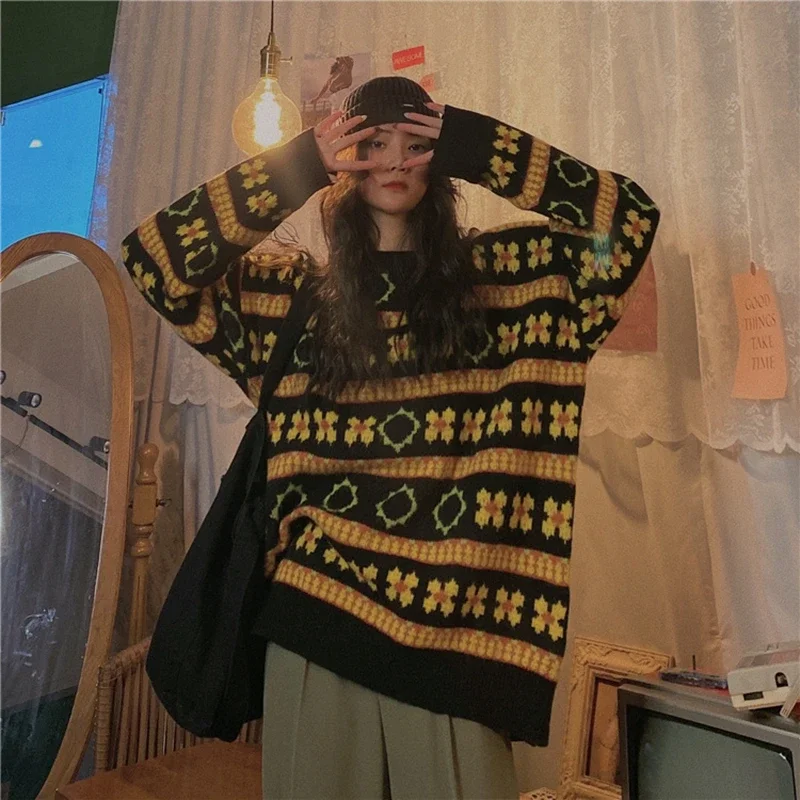 Autumn Winter Thick Loose Long Sleeve Round Neck Harajuku Street Style Sweaters Retro Striped Women Sweater Pullover Tops Female