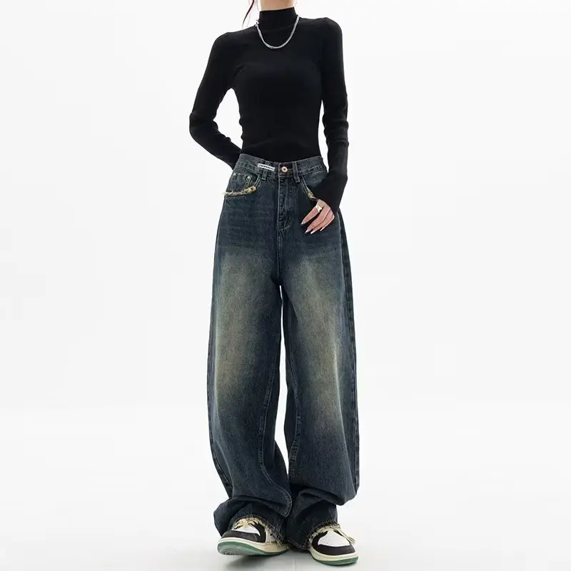 Jeans dritti di colore sbiadito Jeans larghi Street Style Jeans donna pantaloni lavati