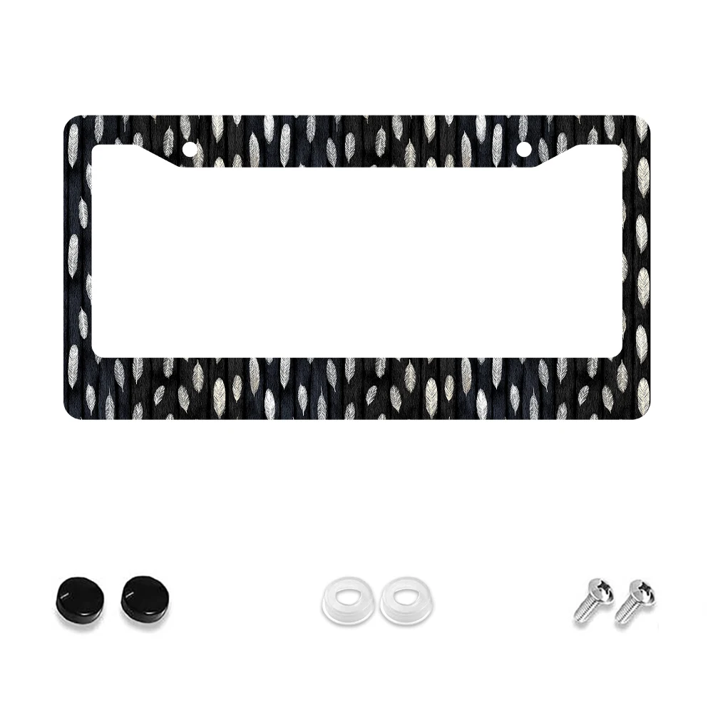 

1pc Black White Feather Pattern 2 Hole License Plate Frame Aluminum Material 6x12 Inches with Screw Set Retro Novelty Car Decor