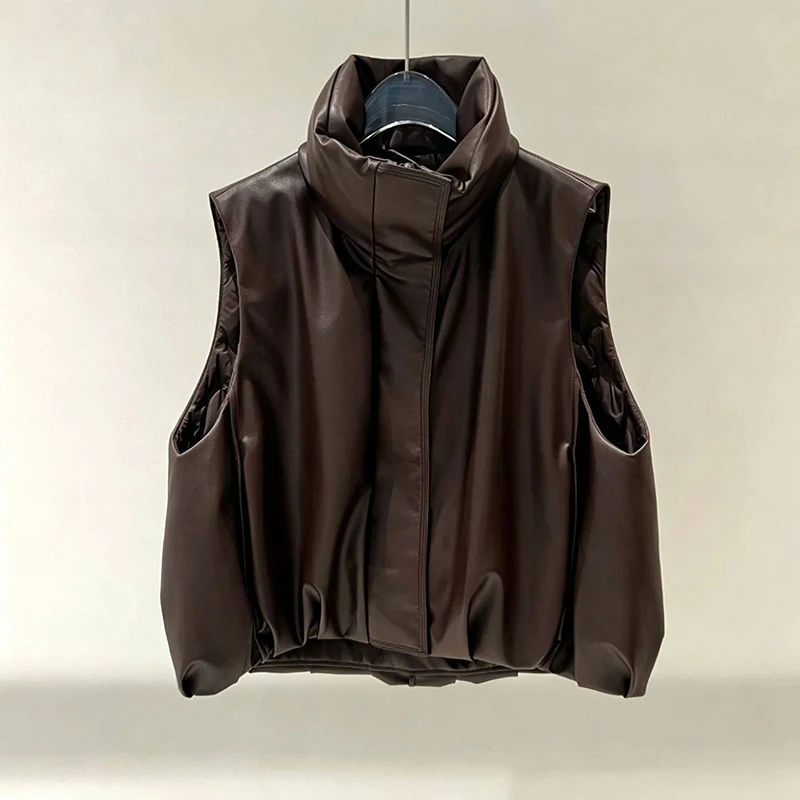 Solid Color Cotton Vest for Women Autumn Winter New Stand Collar Sleeveless Jacket Retro Short Thick Leather Waistcoat