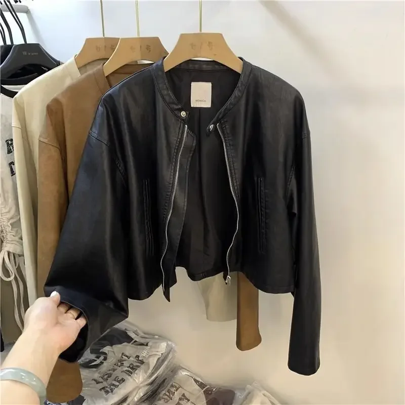 Vintage Pu Leather All-match Casual Women Tops Long Sleeve O-neck Simple Jackets 2024 Autumn Korean Chic Niche Female Coats