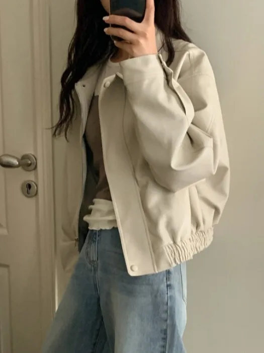 레트로 칼라 지퍼 가죽 재킷 여성 캐주얼 다용도 시크 고급스러운 느낌 재킷 탑 또는 롱 재킷 기타...