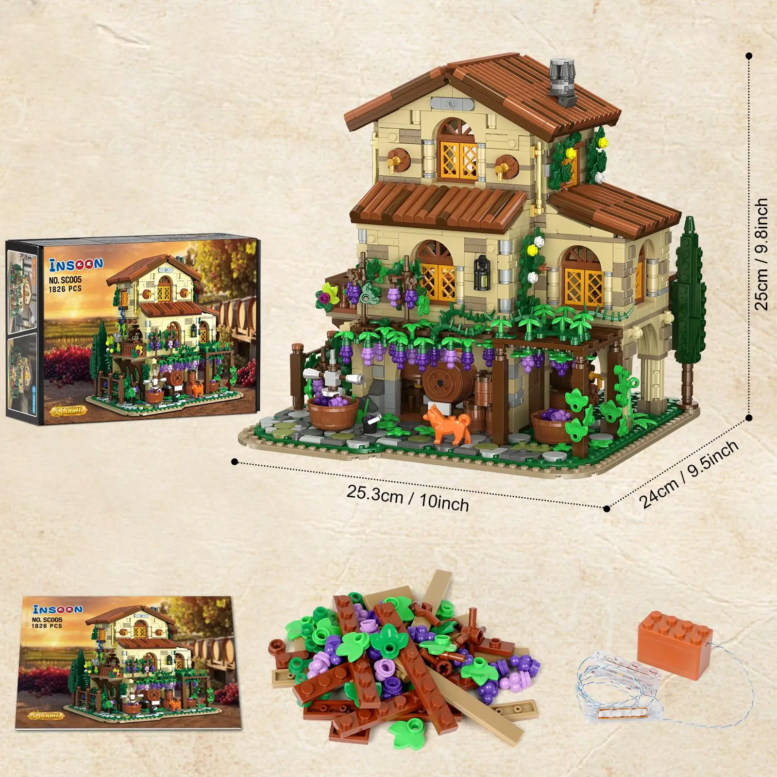 Winery Chateau House Building Set met led-Vineyard Castle Construction Home Decor Vine Estate Herfst Cabin Cadeau voor volwassenen Tiener