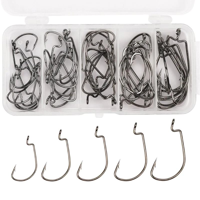 51pcs Boxed Wide Belly Crank Hooks 2#1#1/0#2/0#3/0# Soft Worm Hooks Texas Tackle Roadrunner Hooks