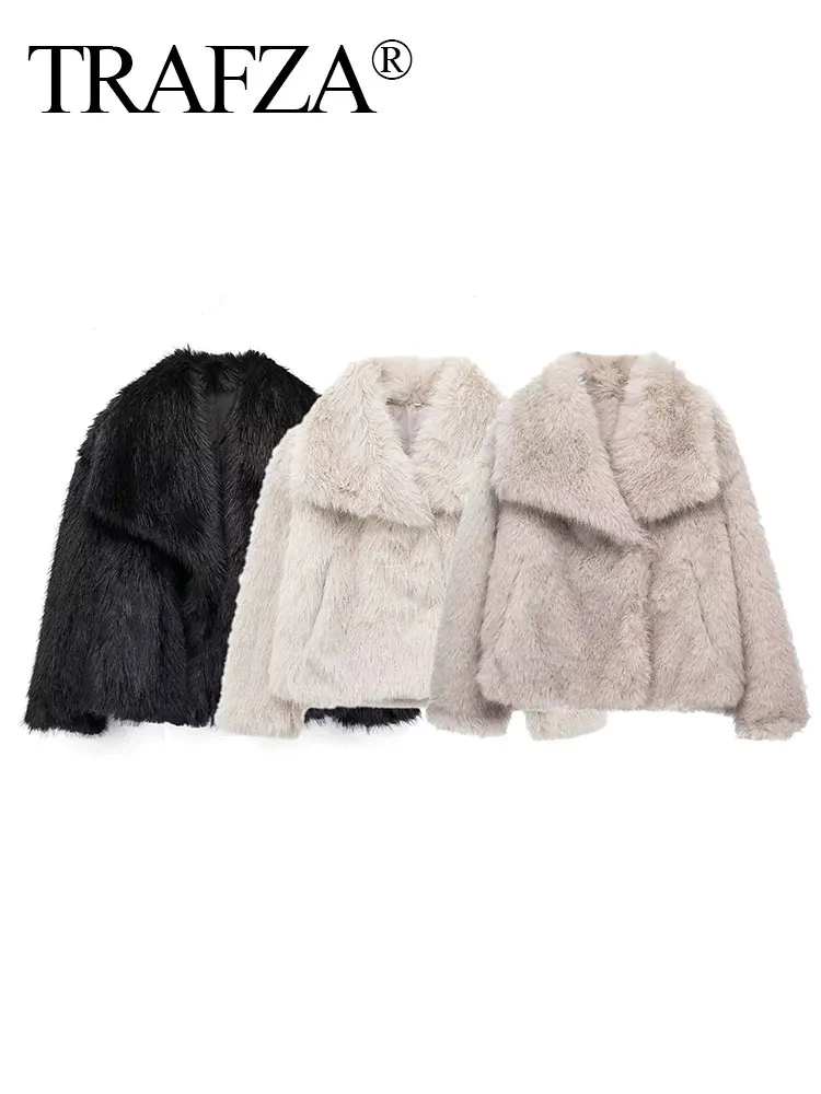 TRAFZA 2024 Women\'s Retro Artificial Fur Effect Coat Long Sleeves Lapel Solid Warm Plush Elegant Casual Thick Cozy Outerwear