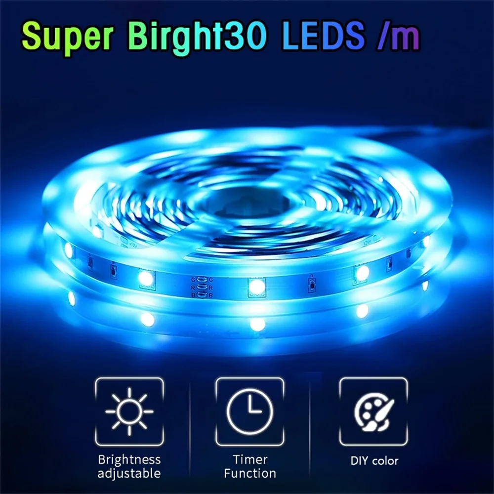 RGB LED Light Strip para quarto, 30LEDs por m, 5050, Bluetooth App Control, 12V DC, Fonte de Alimentação dos EUA, Fita Flexível, Fita de Diodo para TV Backlight, Quarto