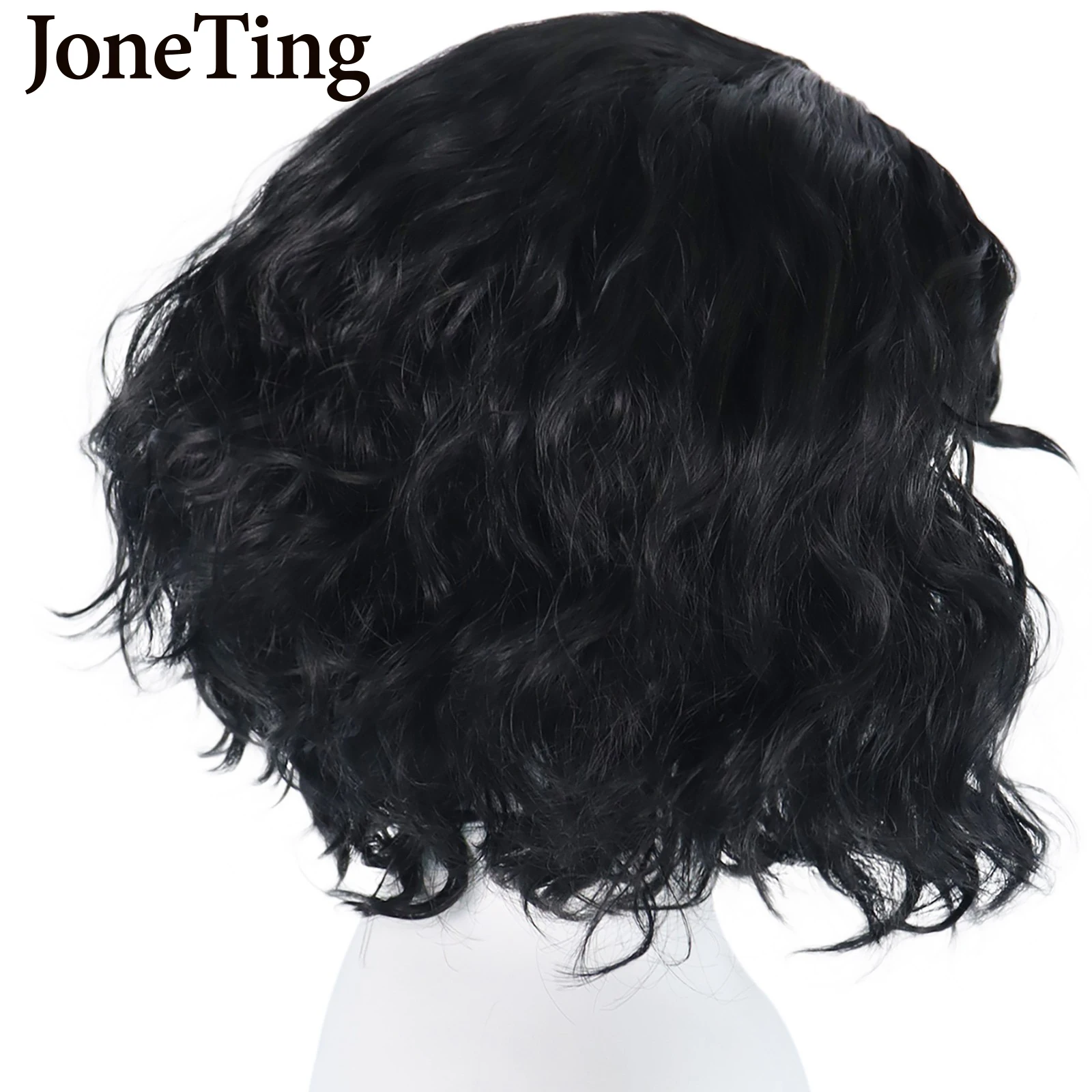 JT Synthetic Men\'s Short Wavy Wigs with Bangs Heat Resistant Fiber Black Curly Cosplay Wig for Women Full Machine Made